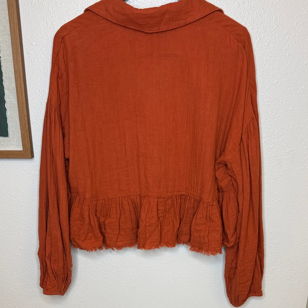 Free People Lyra Cotton Terracotta Ruffled Blouse Jacket -‎ Small - Picture 10 of 14